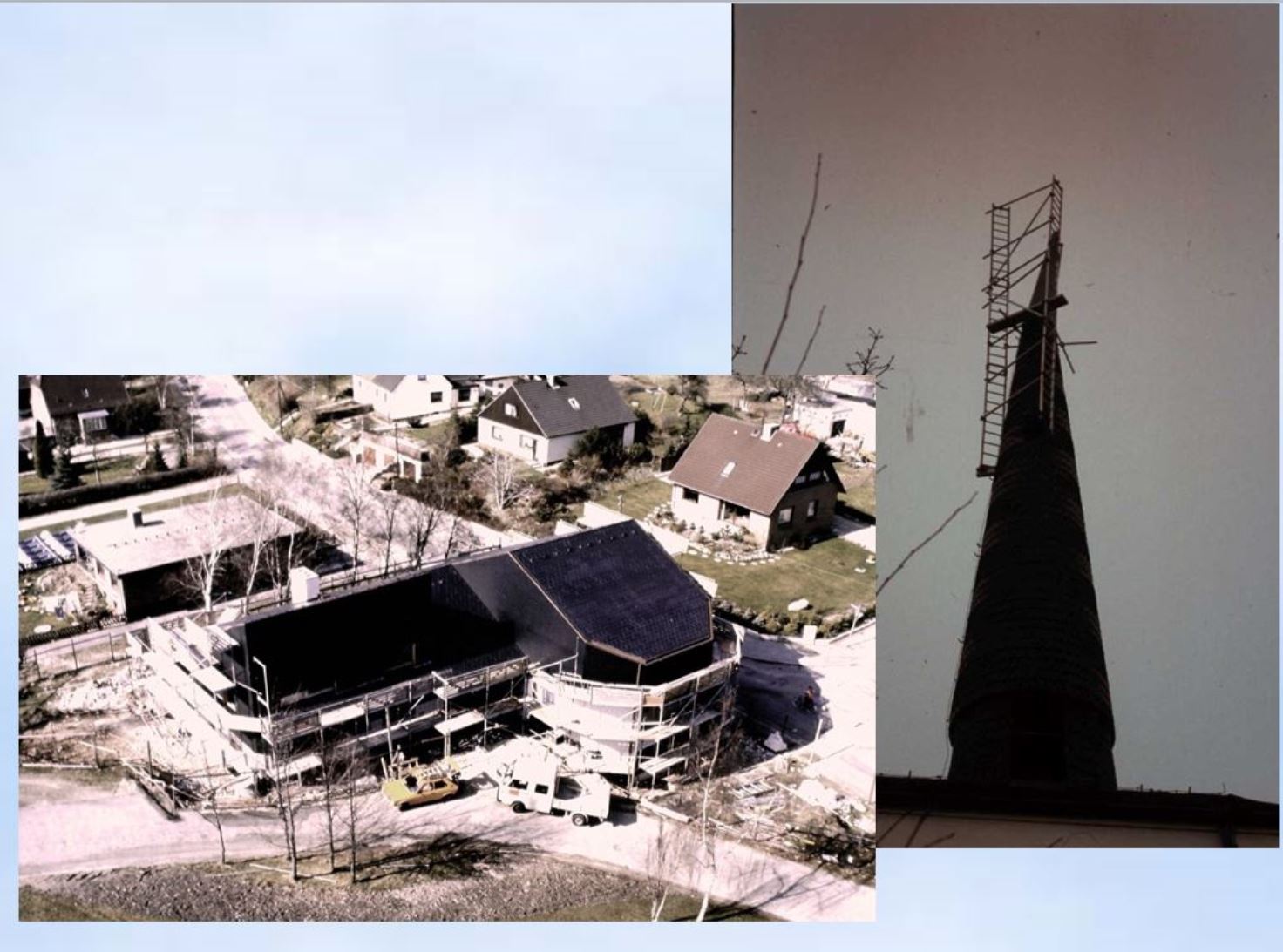 Turm der Stephanuskirche Kroog Gerst an der Turmspitze Baustelle Gemeindehaus