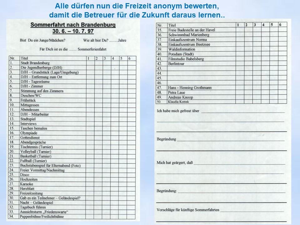 Sommerfahrt 1997 Brandenburg Freizeitzeugnisse