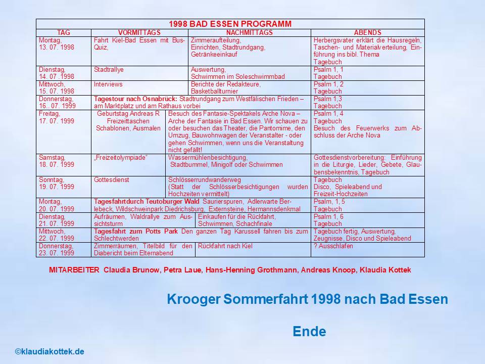Sommerfahrt 1998 Bad Essen Programm
