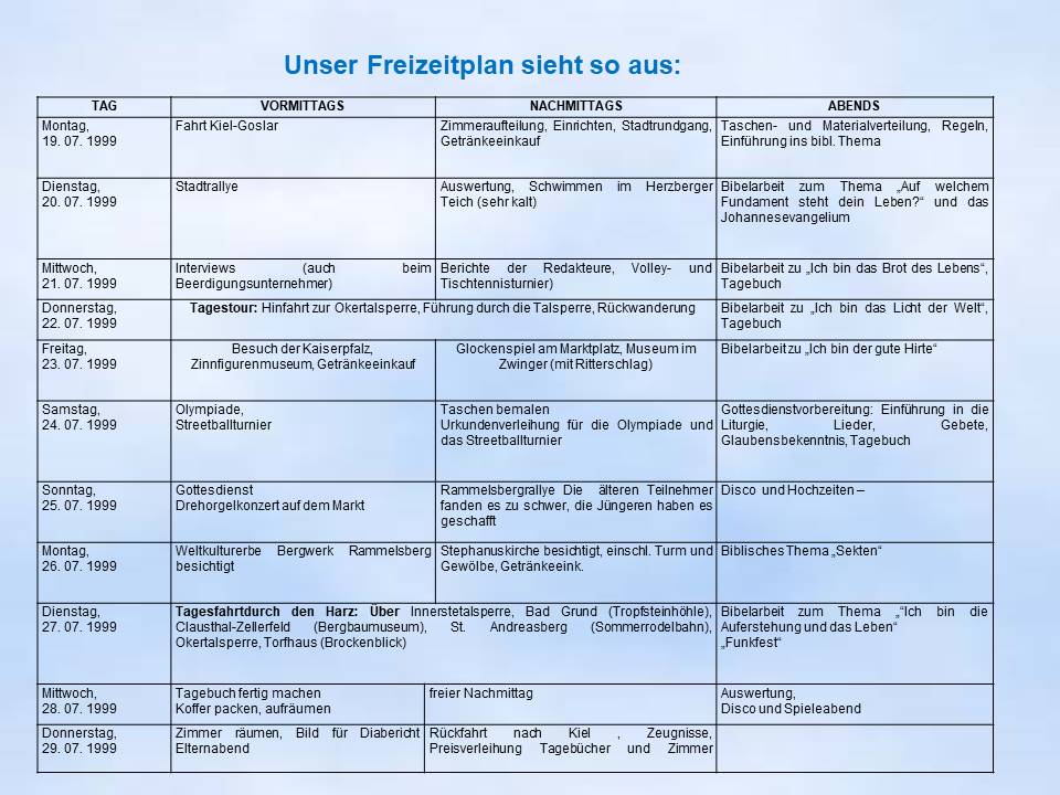Sommerfahrt 1999 Goslar Programm