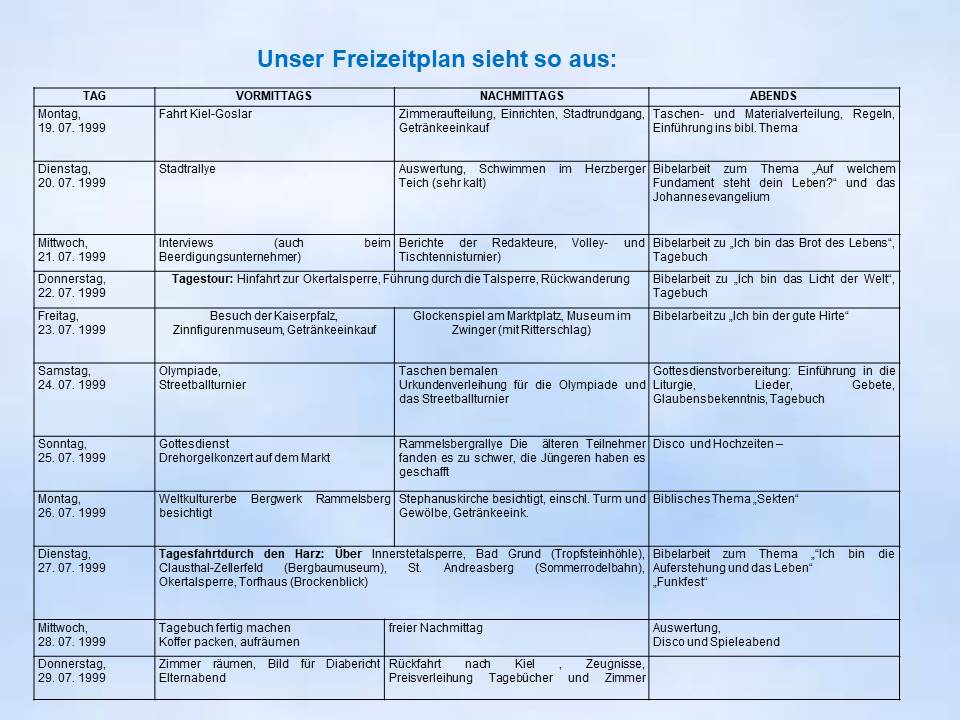 Sommerfahrt 1999 Goslar Programm