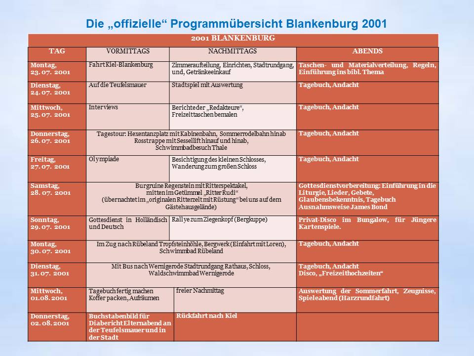 2001 Blankenburg Sommerfahrt Programm