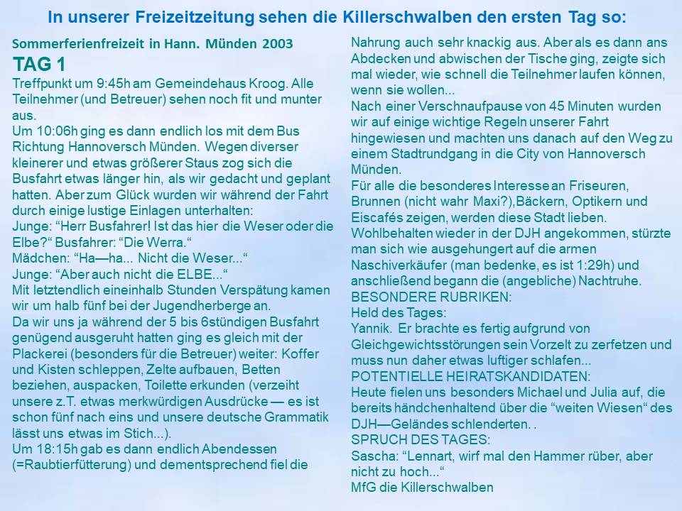 2003 Sommerfahrt Hann.Münden Freizeitzeitung Killerschwalben