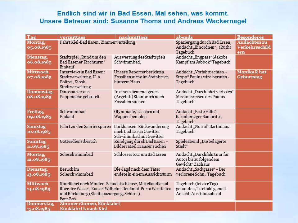 Programm Sommerfahrt Bad Essen 1985