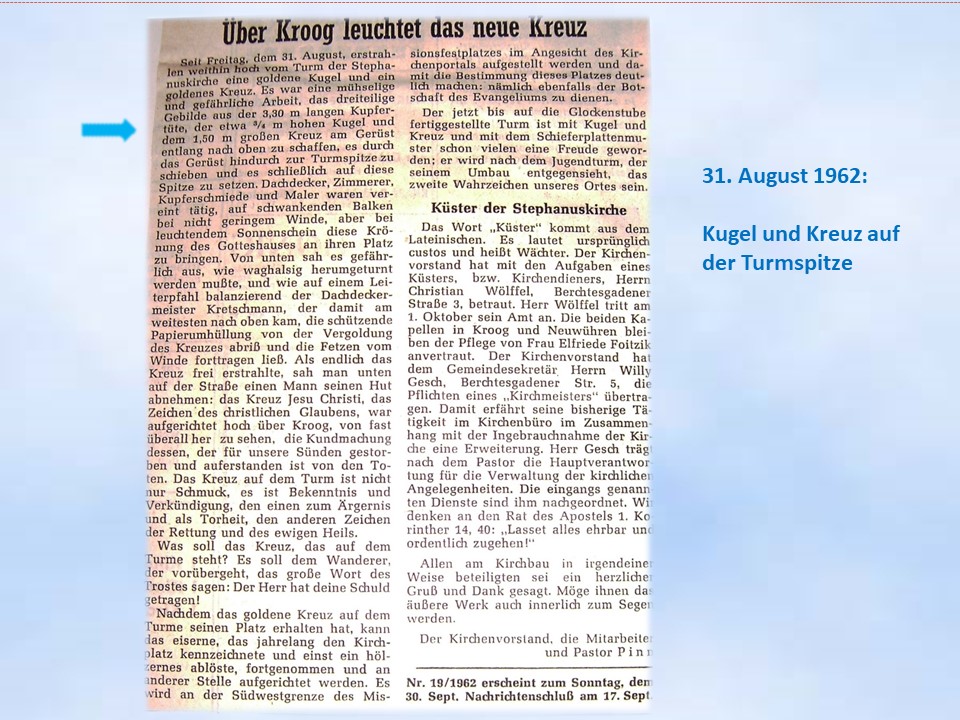 31.08.1962 Kreuz und Kiugel auf Kirchturm Stephansukirche Kroog