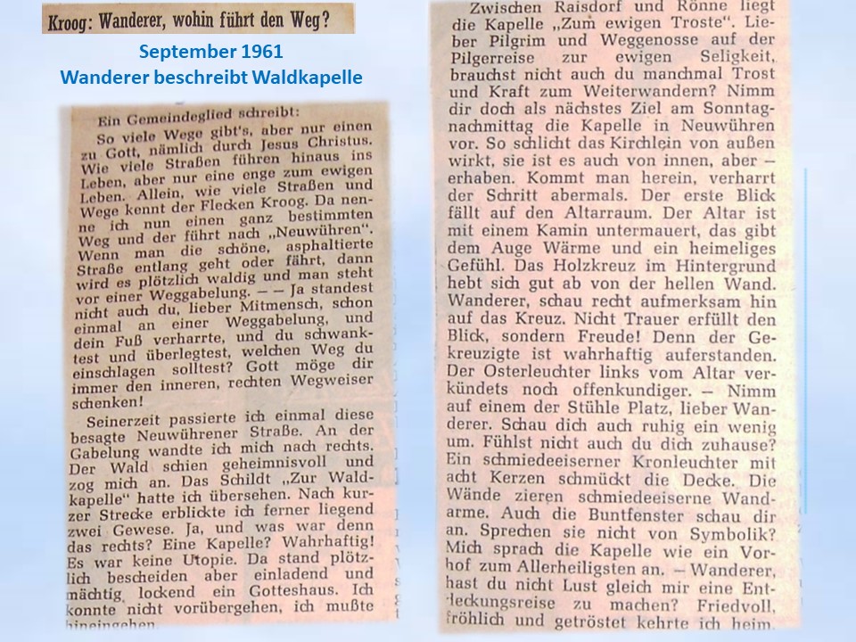1961 Ein Wanderer beschreibt Eindruck von der Waldkapelle Neuwühren